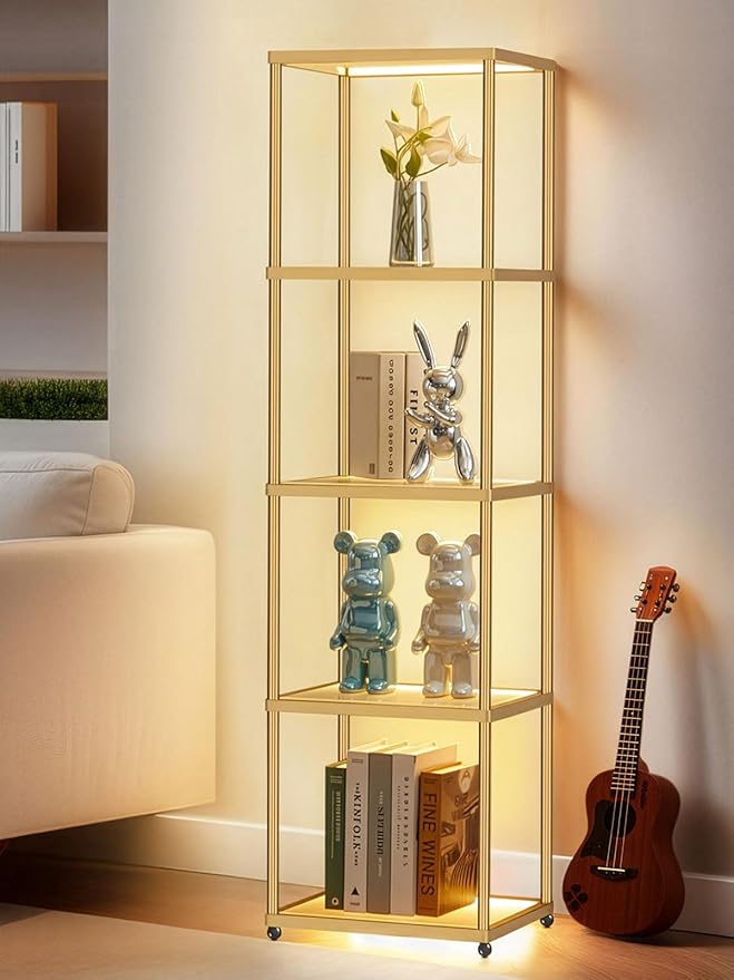 MANBUR Display Shelf with Dimmable LED Floor Lamp, Display Cabinet with Glass Bookcase, Home Decor, Bedroom Decor, Bookshelf with Light, Open Book Shelf with 5-Tier Shelf for Living Room Decor Gold