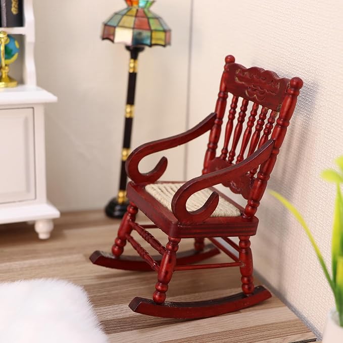 Dollhouse Chairs 2PCS Miniature Rocking Chair 1:12 Scale Wooden FurnitureAccessories Tiny Mini House Home Outdoor Cake Topper Decoration ModelLiving Room Scene Christmas Craft Displays (Red)