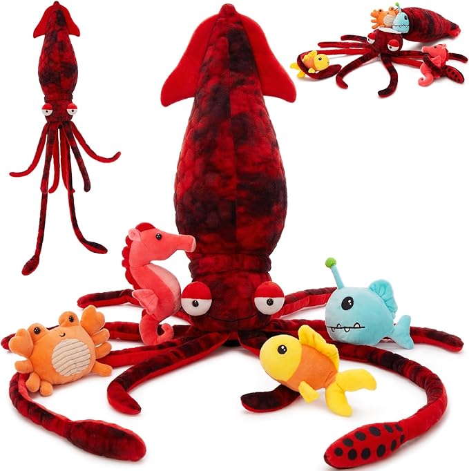 5Pcs Giant Squid Stuffed Animal with 4 Sea Animal Plush Toy, Clownfish Crab Seahorse Angler Fish Baby Stuffed, 41.3" Squid Plush for Boys Girls Kids, Ocean Theme Party Decor