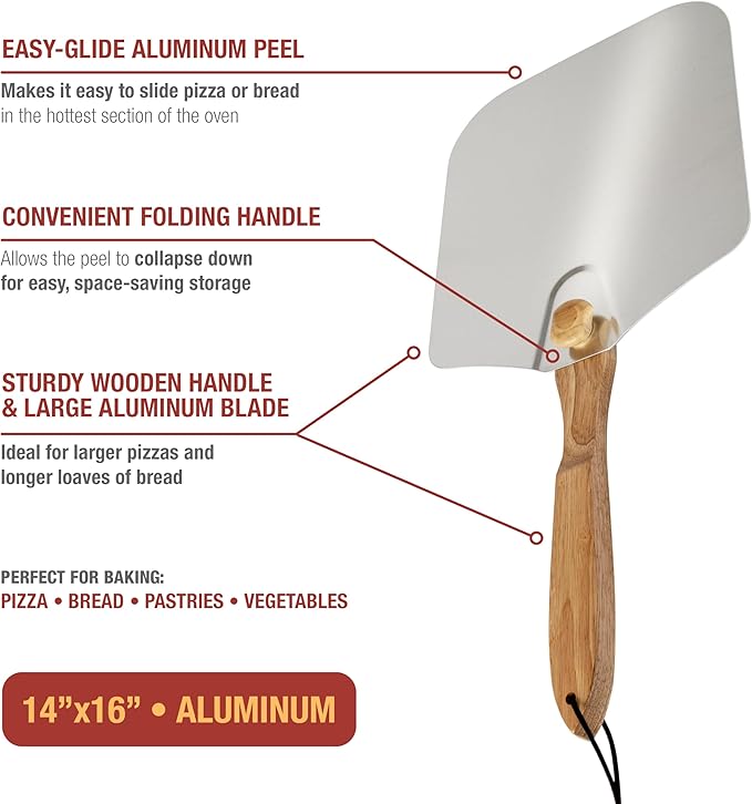 Old Stone Pizza Kitchen Aluminum Pizza Peel with Collapsible Wooden Handle, 14x16-Inch