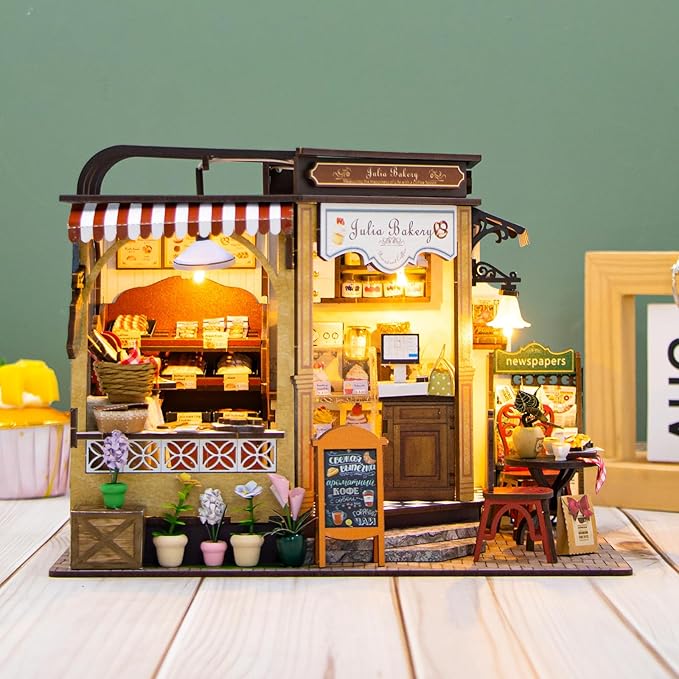 DIY Miniature House Kit, Dollhouse Kit with LED Light, Mini House Building Kits for for Adult to Building, Christmas Home Decorations Gifts for Family and Friends, Bakery
