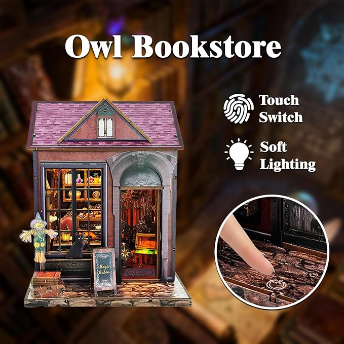 DIY Miniature House,LED Lighting Book Nook Kit Dollhouse Kit for Adult and Teens, Tiny House Bookshelf Decor 3D Wooden Puzzle, Gifts for Family, Friends,Christmas(Magic Cabin)