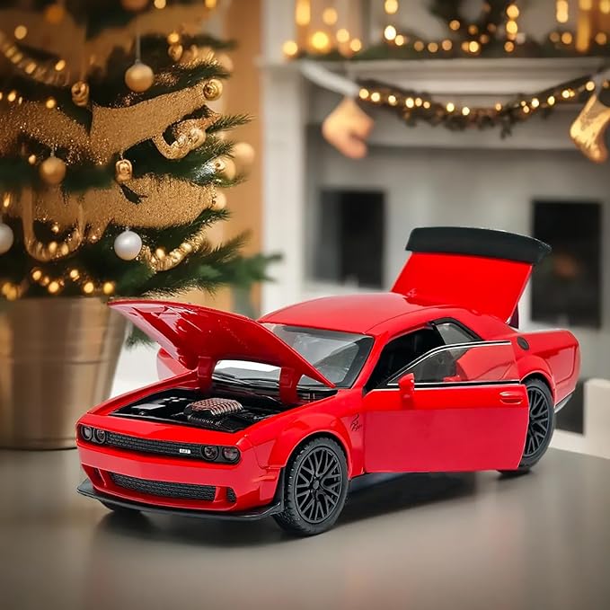 Toy Car Model Challenger Hellcat Alloy Model Collectible Car with Light and Sound,Pull Back Toy Vehicles for Boys Children Age 3 + Year Old(Red)