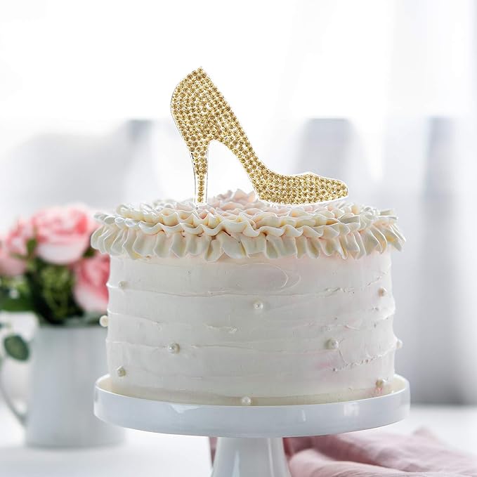 LINGTEER High Heel Gold Rhinestone Crystal Cake Topper Perfect for Birthday Wedding Anniversary Party Keepsake Sparkle Decoration