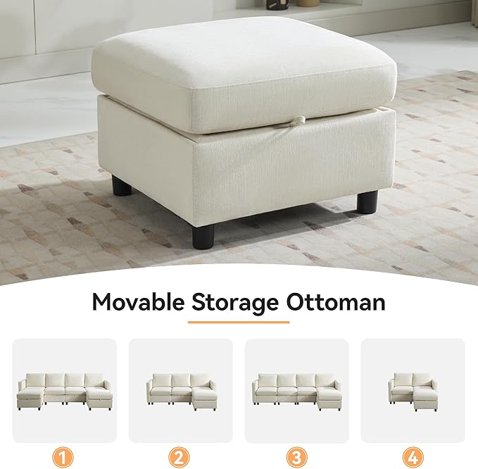 25" Square Storage Ottoman for Modular Sectional Sofa, Convertible Couch Footrest with Hidden Compartment, Chenille Upholstered Coffee Table & Extra Living Room Seating, Beige