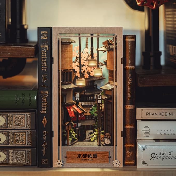 Anavrin Book Nook Kit Kyoto Gion – DIY 3D Wooden Booknook for Adults, Teens and Book Lovers, Bookshelf Insert Library Decor, Creative Gift for Family, Friends, and Elderly
