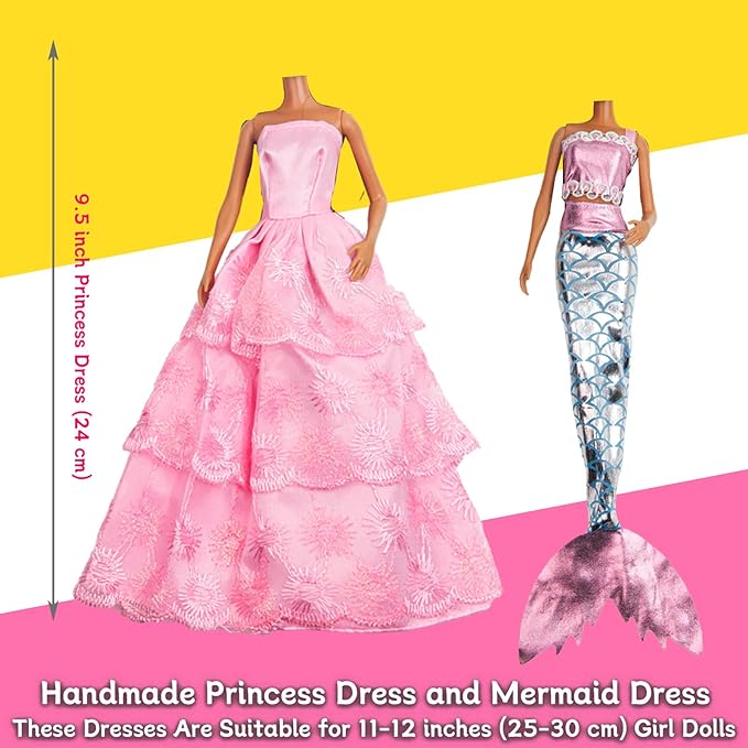 90Pcs Doll Clothes and Accessories for 11.5 Inch Girl Dolls Set Contain 10 Different Handmade Party Grown Outfits, 1 Handmade Wedding Dress, 1 Mermaid Dress, 78 Accessories for Girl Doll