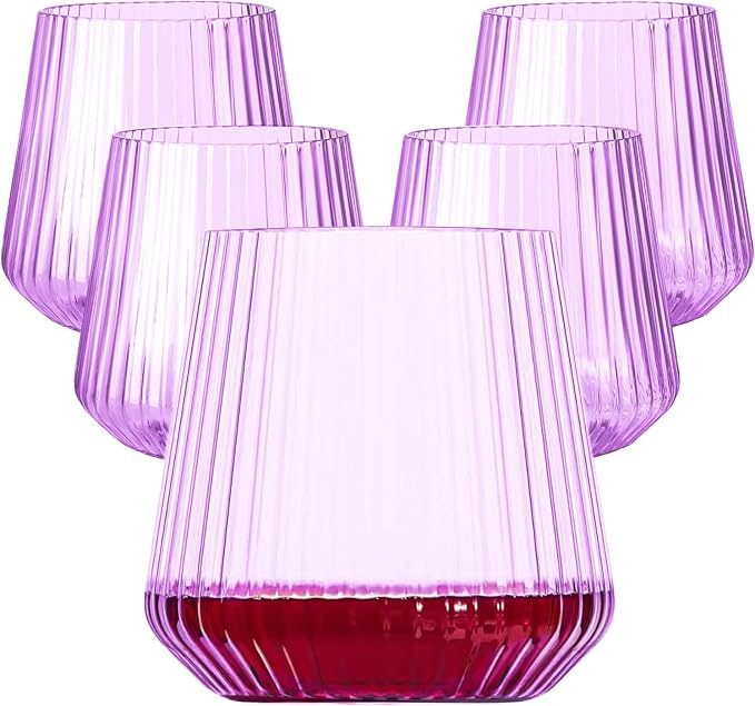 Lueumxc 40 Pack Plastic Ribbed Wine Glasses, 14Oz Origami Disposable Wine Glasses Unbreakable Clear Plastic Cocktail Glasses Recyclable Shatterproof Reusable Wine Cups (14oz-purple-40pack)