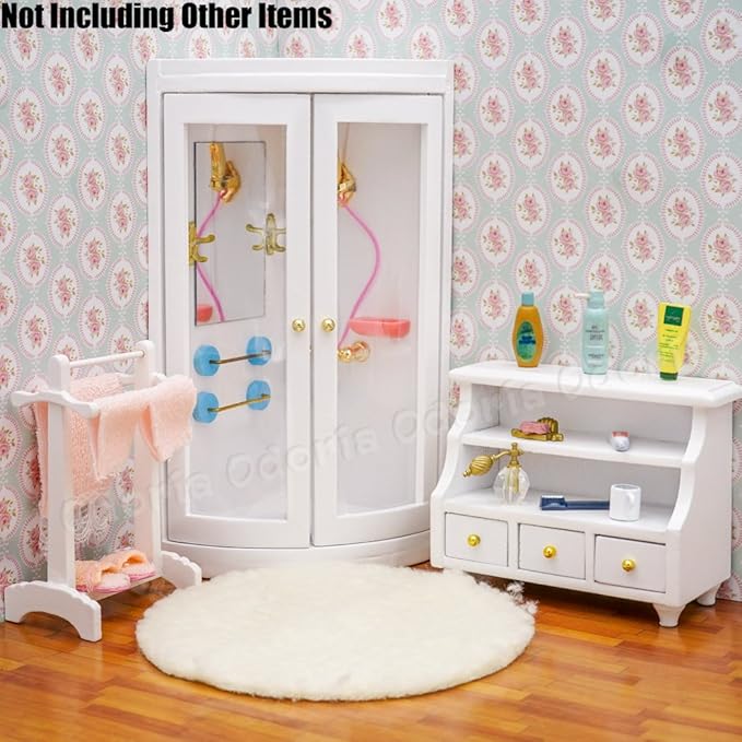 Odoria Dollhouse Shower Enclosure Miniature: 1/12 Scale Shower Room Corner for Modern Bathroom - Mini Wood Furniture White