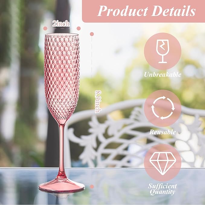 Plastic Champagne Flutes Champagne Glasses Unbreakable Wedding Toasting Glasses Reusable Diamond Wine Glasses Crystal Clear Party Wine Cups Vintage Drinking Glasses 5.5 OZ for Wedding (12, Pink)