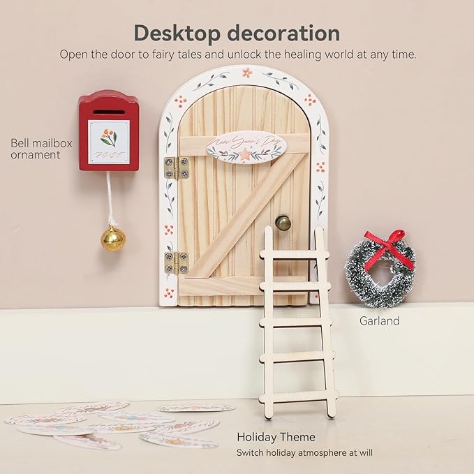 Mamimami Home Festival Wooden Little Magical Fairy Door, Elf Miniature Tiny Door with Ladder and Wreath, Tooth Fairy Door Handmade Christmas Decorations