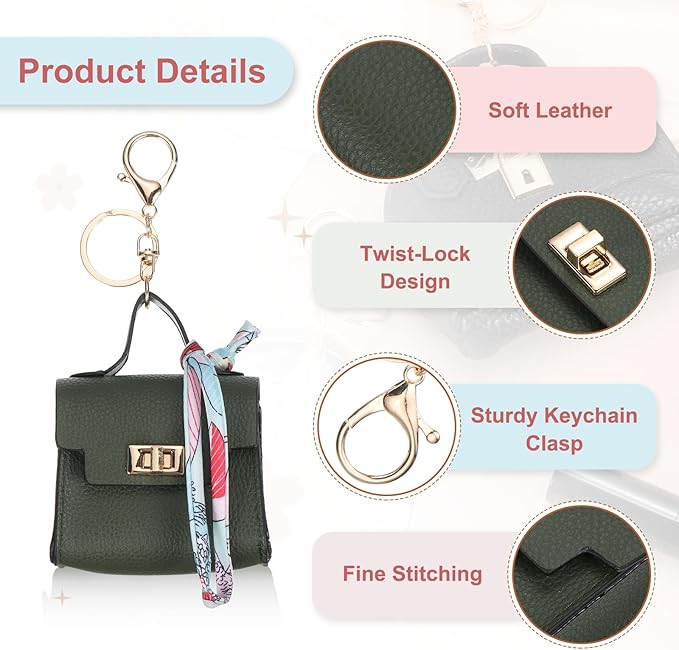 PATIKIL Mini Backpack Keychain, Cute Coin Purse Keychain PU Leather Backpack Purse Key Chain Little Earbud Bag Keychains for Women Mini Card Data Cable Organizer, Green