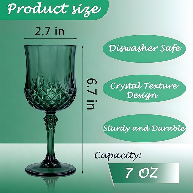 LEYIQU Plastic Wine Glasses, Plastic Goblets Vintage Style Cordial Drinking Glasses for Valentine’s Day, Wedding Reception, Grand Event Party Supplies (48, Green)
