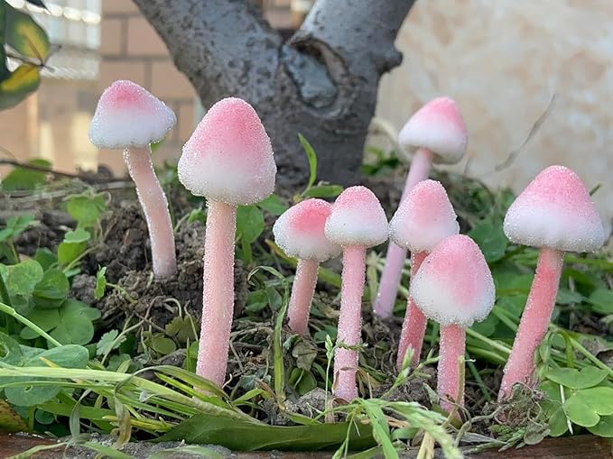 Sthdembo 8-Pcs Handmade Glittery Pink Resin Mini Mushrooms for Fairy Desk Plants, Miniature Terrarium Decor & Micro Landscape (not Include The vase)