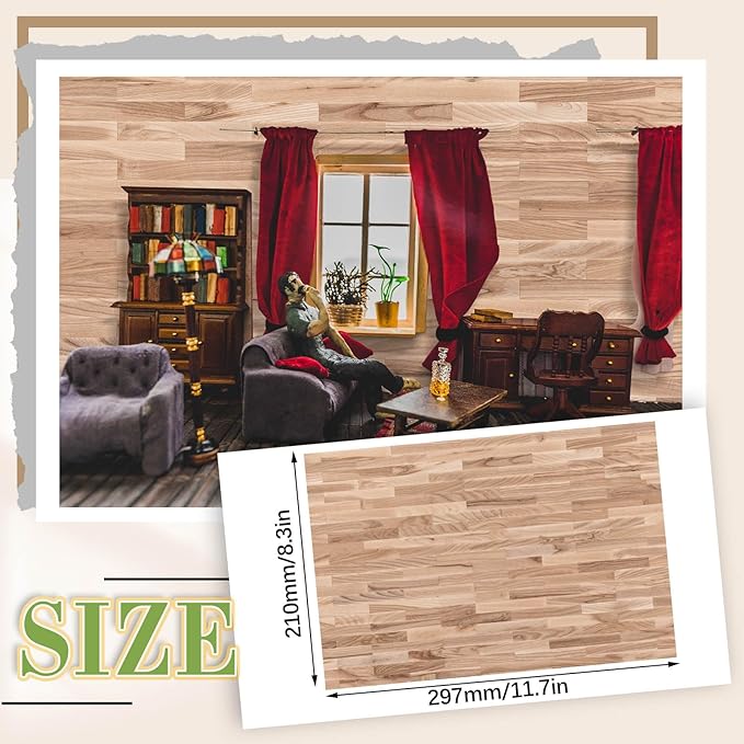 Flutesan 6 Pcs Miniature Dollhouse Wallpaper and Flooring Peel and Stick Mini DIY Self Adhesive Dollhouse Accessories 8.27 x 11.69 Inch (Natural Style)