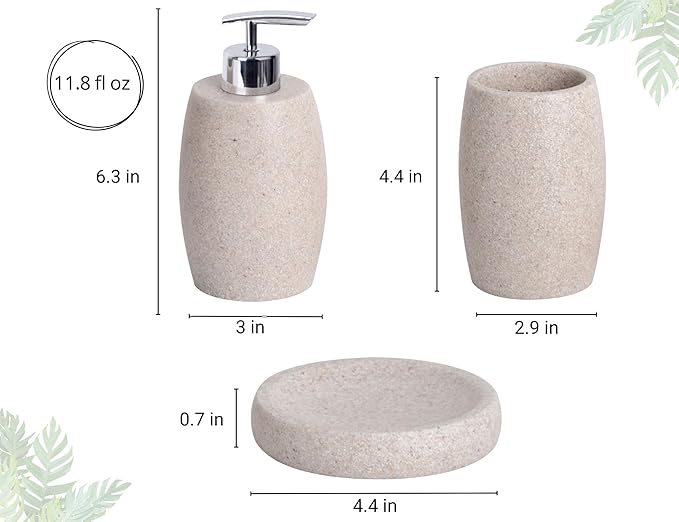 Clasin Home Beige Bathroom Accessories Set 3 PC, Resin Sandstone Look Soap Dispenser, Toothbrush Cup, Soap Dish, Bathroom Soap Dispenser Set for Home Decor and Kitchen