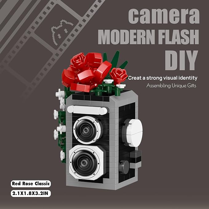 Red Rose Classic Cute Flower Camera Series Mini Building Toy Bricks Micro Blocks Kit Miniature Toys Ideal for Home Decor Desktop