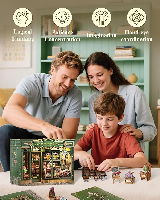 Cutefun Book Nook Kit - DIY Miniature Flower Shop Booknook Kits for Adults and Teens, 3D Wooden Puzzle Bookend Bookshelf with LED Light, Gifts for Family and Friends (Blossom Florists)