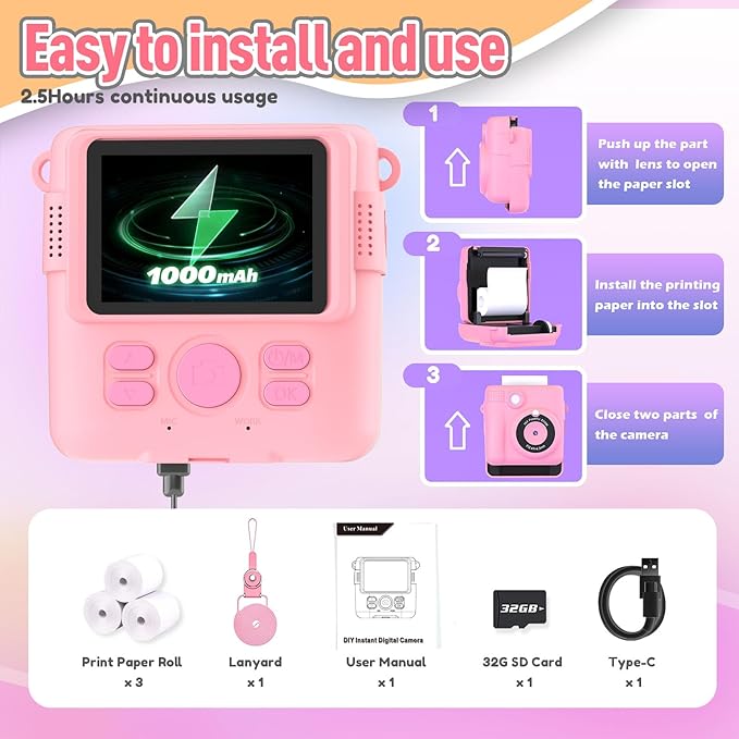 ESOXOFFORE Instant Print Camera for Kids, Christmas Birthday Gifts Girls Boys Age 3-12, HD Digital Video Cameras Toddler, Portable Toy 3 4 5 6 7 8 9 10 Year Old Girl with 32GB SD Card-Pink