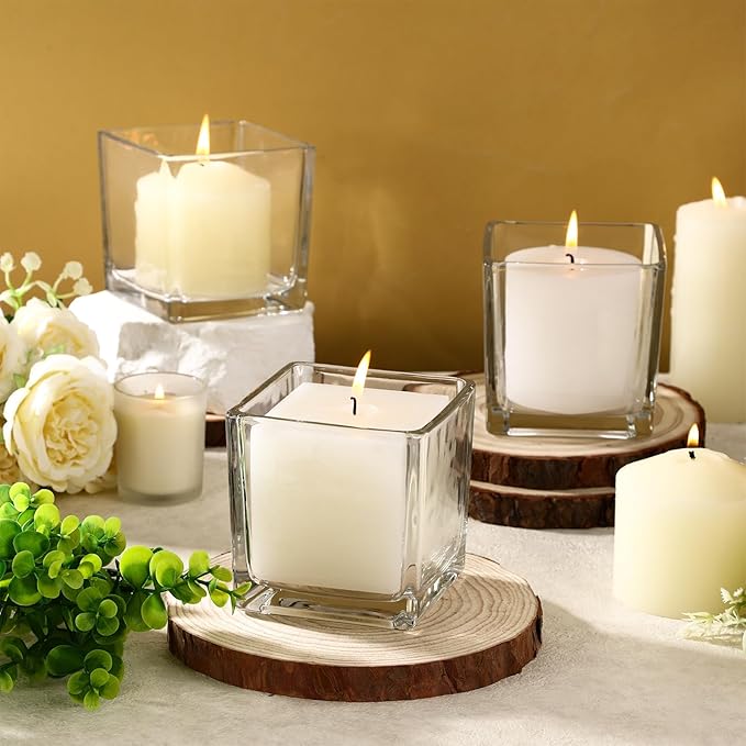 Kritkin 24 Pcs Square Glass Vases 4 x 4 Inch and 4 Rolls 3 Inch x 30 Yards Leaf Floral Ribbon Clear Glass Cube Vase Square Flower Vases for Centerpieces Candle Holders for Home Table Wedding Events