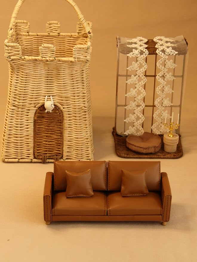 Miniature Dollhouse Leather Couch -1:12 Scale Mini Sofa Furniture Set with Cushions Fit 1/12 Scale Accessories for Doll House Décor and 3 to 6 inches Doll Figure (Brown)