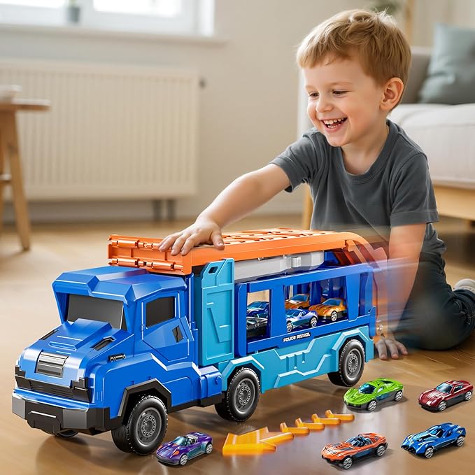 Toddler Car Truck Toys for 3 4 5 6 7 8 Years Old Boys, Transporter Truck Toy Track Set with 12 Die-Cast Car Toys, Toy Gifts for 3 4 5 6 Year Old Boys Kids
