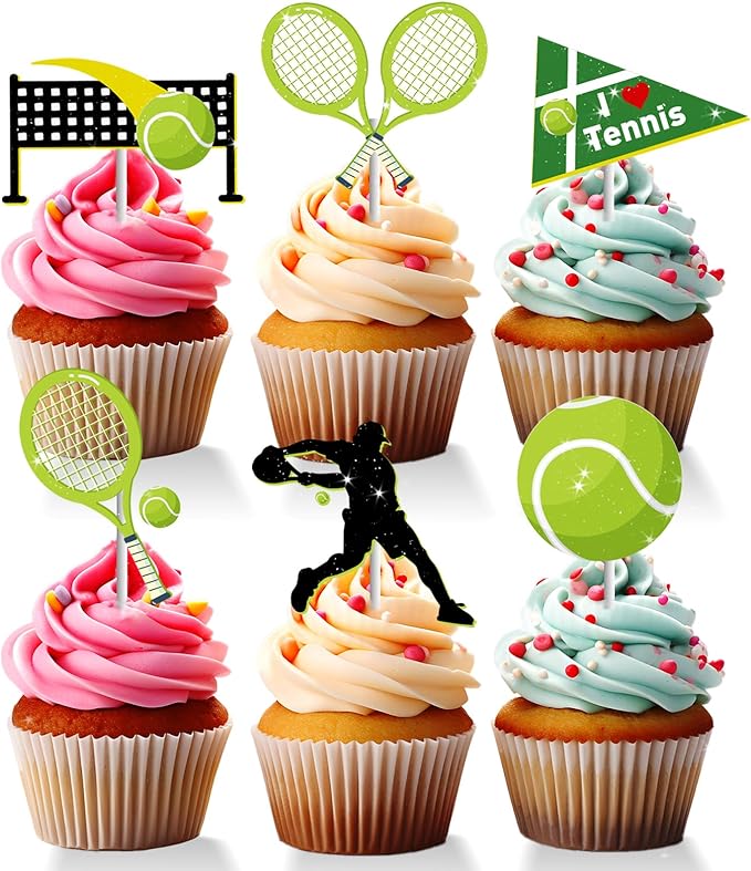 18 PCS Tennis Cupcake Toppers for Birthday Baby Shower Sport Tennis Ball Racket Player Cake Decor Picks Green GlitterTennis Party Decorations Supplies