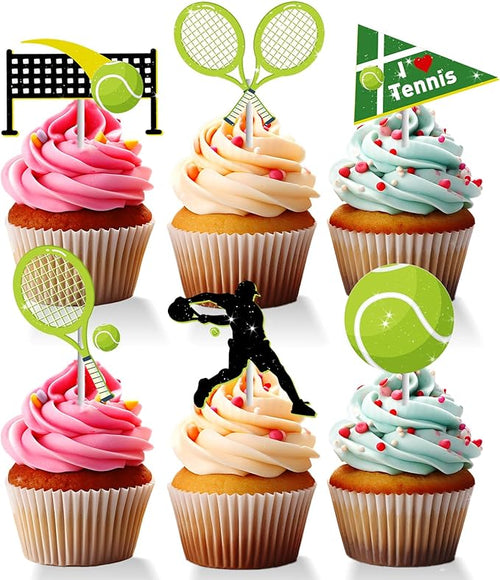 18 PCS Tennis Cupcake Toppers for Birthday Baby Shower Sport Tennis Ball Racket Player Cake Decor Picks Green GlitterTennis Party Decorations Supplies