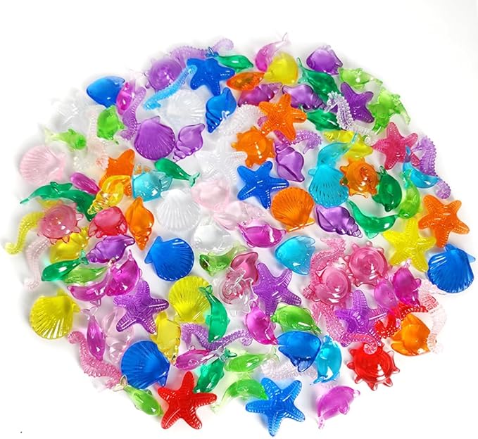 HappyFiller 120 PCS Sensory Bin Filler,Mini Resin Figures,Diving Gem Pool Acrylic Sea Shells Starfish Gemstones Under The Sea Party Decoration,Beach Theme,Vase Filler,Fish Tank Decorations,Crafts