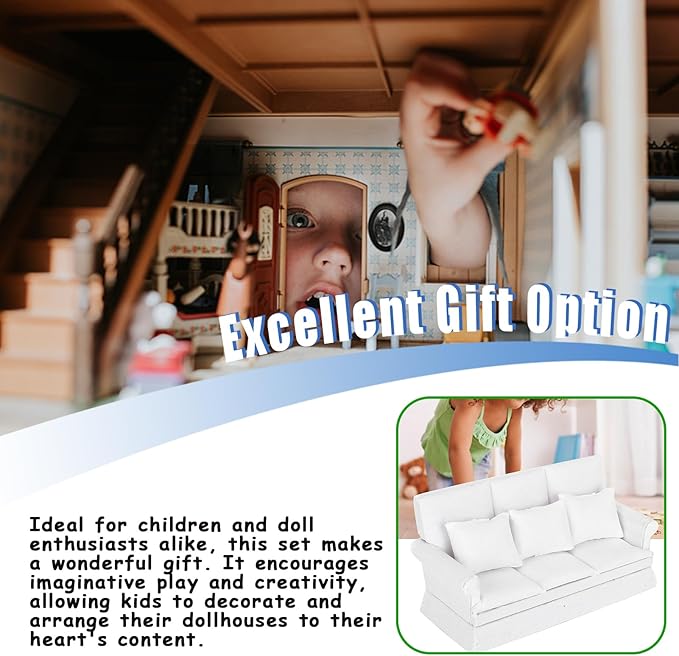 1:12 Scale Dollhouse Sofa with 3 Pillows, Miniature White Wooden Living Room Furniture for Doll House, Realistic DIY Scene Decoration and Collectible Accessory