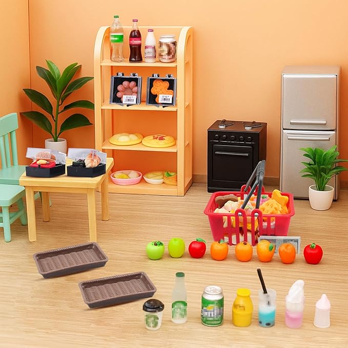 199Pcs Dollhouse Miniature Store Grocery Accessories Mini Shopping Basket 4 Three-Layer Shelves Supermarket Food Drink Bottle Fruit Toy Kitchen Play Game Cash Register Lunch Box