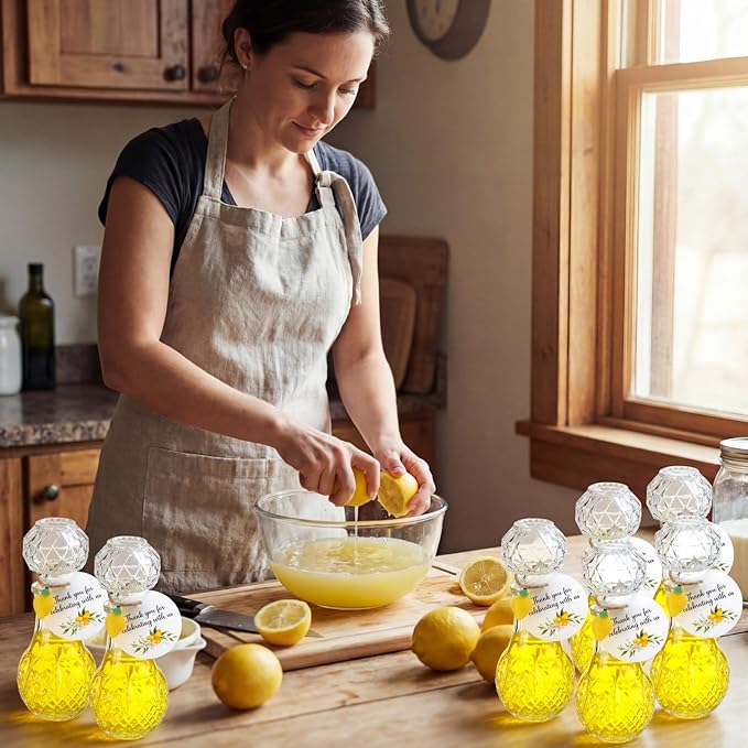 Chuangdi 16 Sets Mini Limoncello Glass Bottles Limoncello Bottles with Labels 1.7 oz Lemon Pendants Lemon Party Favors for Homemade Brewing Wedding Baby Shower Gifts(Classic)