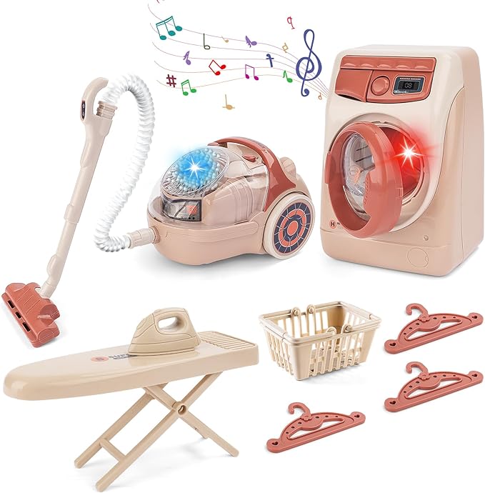 deAO Kids Toy Washing Machine & Vacuum Playset, Mini Washing Machine Laundry Set for Kids,Dollhouse Furniture Laundry Room Washer and Iron Set