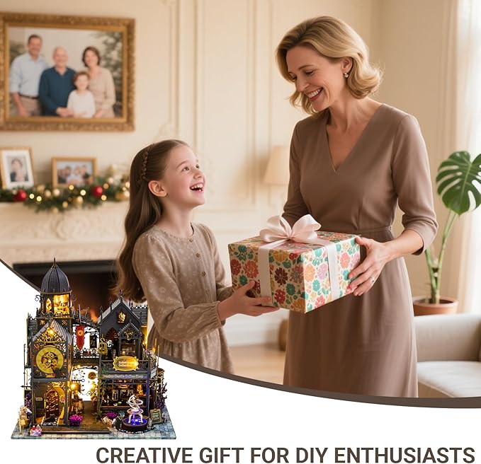 DIY Miniature House Kit, Dollhouse for Adults to Build, Birthday/Christmas Day Gift for Family and Friends, Magic Castle, Haunted Dollhouse, Prefab Tiny Home with LED Lights(Huoluo Castle)