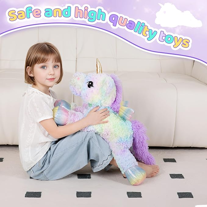 24 Inch Rainbow Colors Rose Velvet Unicorn Stuffed Animal Plush Toy with Wings Soft Cute Large Unicorn Plush Animals Pillow Gift for Children Boy Girl Kids Birthday Valentine Decorations