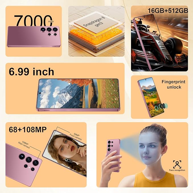 OEJBK I25 Ultra: Powerhouse 16GB/512GB, 2-Day 7000mAh Battery, Huge 6.99" Android 14 Phone w/Built-in Stylus - Your All-in-One Device The Superior Choice (Cyan)
