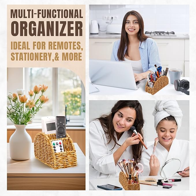 5-Compartment Remote Control Holder – Synthetic Rattan Organizer for TV Remotes, Makeup Brushes, Office Supplies, Stylish Wicker Desk Caddy for Living Room, Bedroom, Office, Patent Pending (Natural)