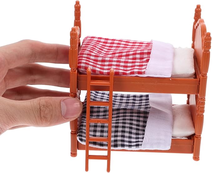DOITOOL Wooden Doll Bunk Bed, 4 Pcs Doll House Furniture Dollhouse Decoration Accessories Simulation Dollhouse Miniature Bunk Bed DIY Dolls Beds with Ladder