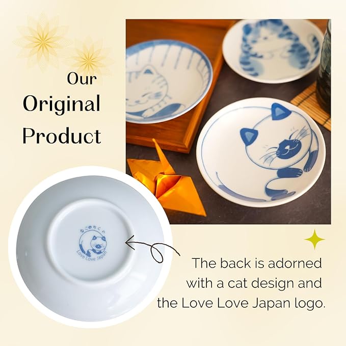Dessert Salad Serving Plate Set Ceramic Cute Cats Design, 5.31inch x 1.06inch (13.5㎝×2.7㎝) Plates Set of 4, Mino Ware
