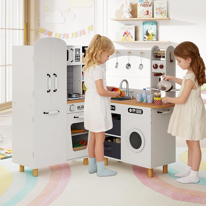 INFANS Kids Corner Kitchen Playset, Wooden Play Kitchen with Washing Machine, Coffee Maker, Toy Grinder, Gift for Boys Girls
