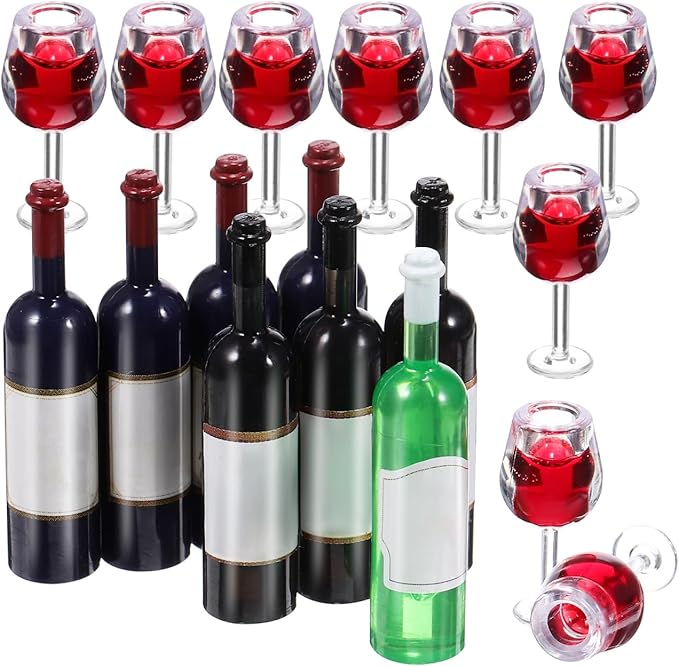 HEALEEP 18Pcs Mini Wine Bottles, 1:12 Scale Dollhouse Red Wine Set Dollhouse Miniature Bottles Mini Cocktail Glasses Drink Cups for Doll House Decoration Accessories