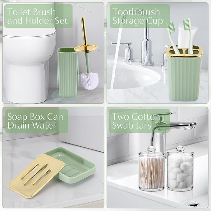 WSBArt 17PCS Bathroom Accessory Set Bathroom Set Green Bathroom Decor,Toilet Brush, Trash Can, Qtip Holder Dispenser& 3PCS Soap Dispenser