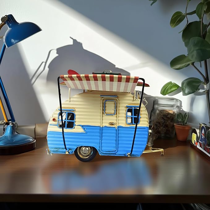 Travel Car Model Camper Van Trailer RV Motorhome Iron Vehicles Campsite Retro Industrial Steampunk Cute Diecast Decor Present Surprise for Boyfriend Caraholic Travelogue Adventurers Man