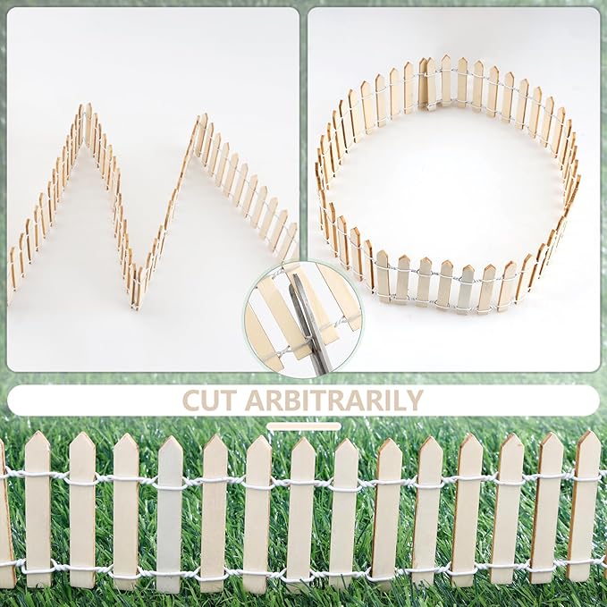 Mini Fairy Garden Fence, 35.5 Inch Cuttable Small Wood Picket Fence, DIY Miniature Accessories Decoration for Dollhouse, Crafts, Vegetable Platter, Cake(Wood)