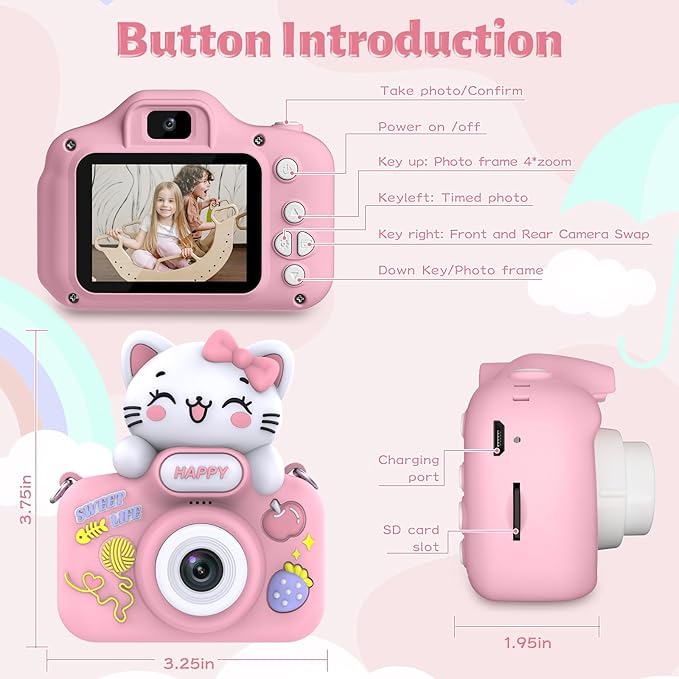 Kids Camera for Girls and Boys,1080P 8X Digital Zoom Camera for Kids Age 3 4 5 6 7 8, 48MP Dual Lens Toddler Cameras for Christmas Birthday Gifts with Silicone Case & 16GB TF Card,Pink