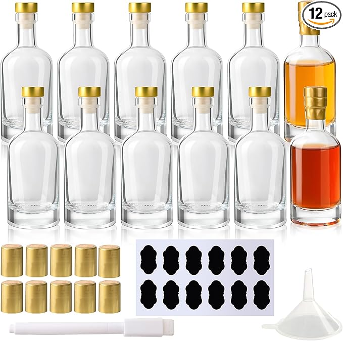 BPFY Glass Liquor Bottles with T-Top Caps and Heat Shrink Capsules, Empty Mini Vodka Bottles, Travel Shots Bottle for Wine, Alcohol, Whiskey, Beverages (3 oz 12 Pack)