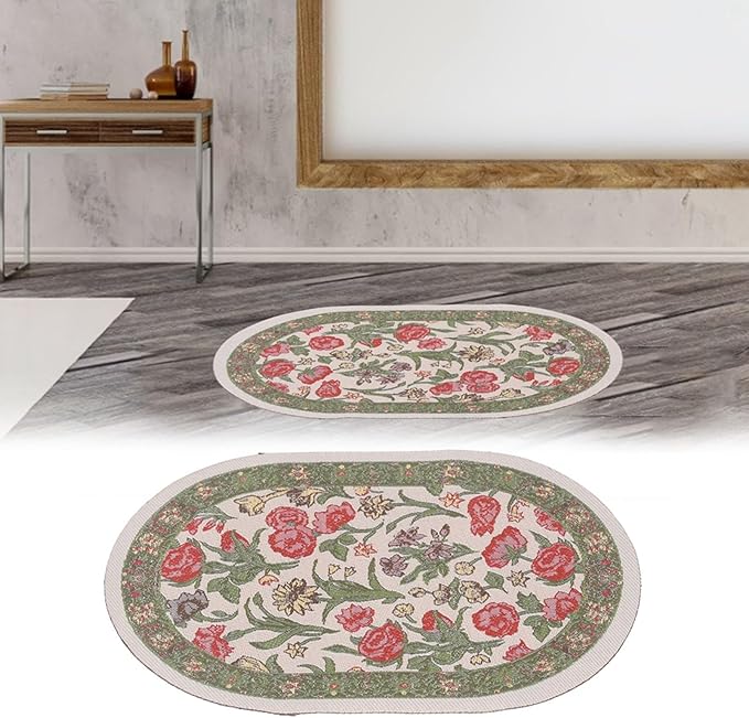 Hapivida 1/12 Dollhouse Decoration Accessories Miniature Rug Vintage Woven Carpet Oval Floral Colorful Design for Doll House Bedroom (B01 Green Leaf Flower)
