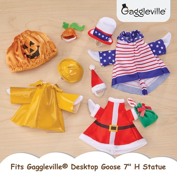 Fox Valley Traders Gaggleville 7" Desktop Goose Figurine with All Seasons Outfit Bundle – Includes 4 Adorable Seasonal Costumes for Spring, Summer, Fall & Winter – Fun Indoor Décor & Gift Idea