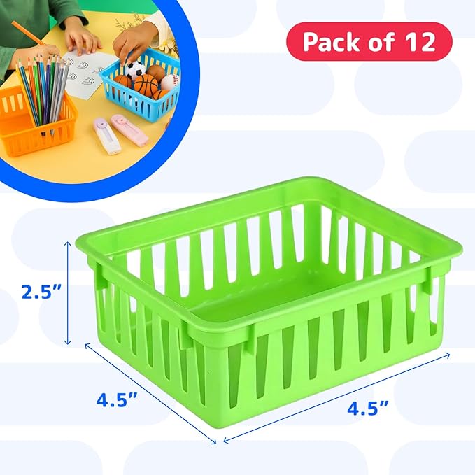 PREXTEX Classroom Storage Baskets - Crayon & Pencil Container - Classroom Organization - Multicolor Plastic Square Baskets, 5x5x3 Inches, 12 Count