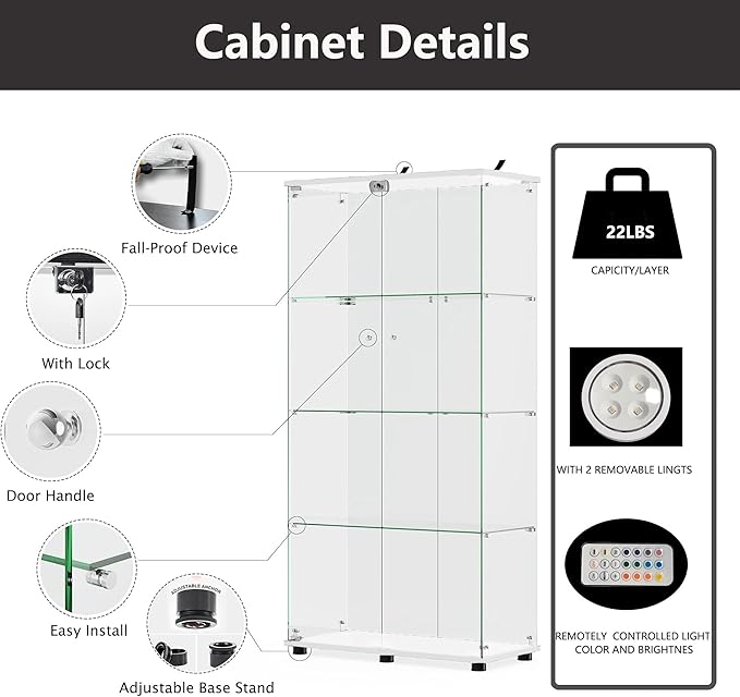 Glass Display Cabinet with Lights and Lock, 4-Tier Display Case Curio Cabinet with Glass Door, Floor Standing Showcase for Living Room Bedroom Home Office 31" W x 14.3" D x 64.5" H